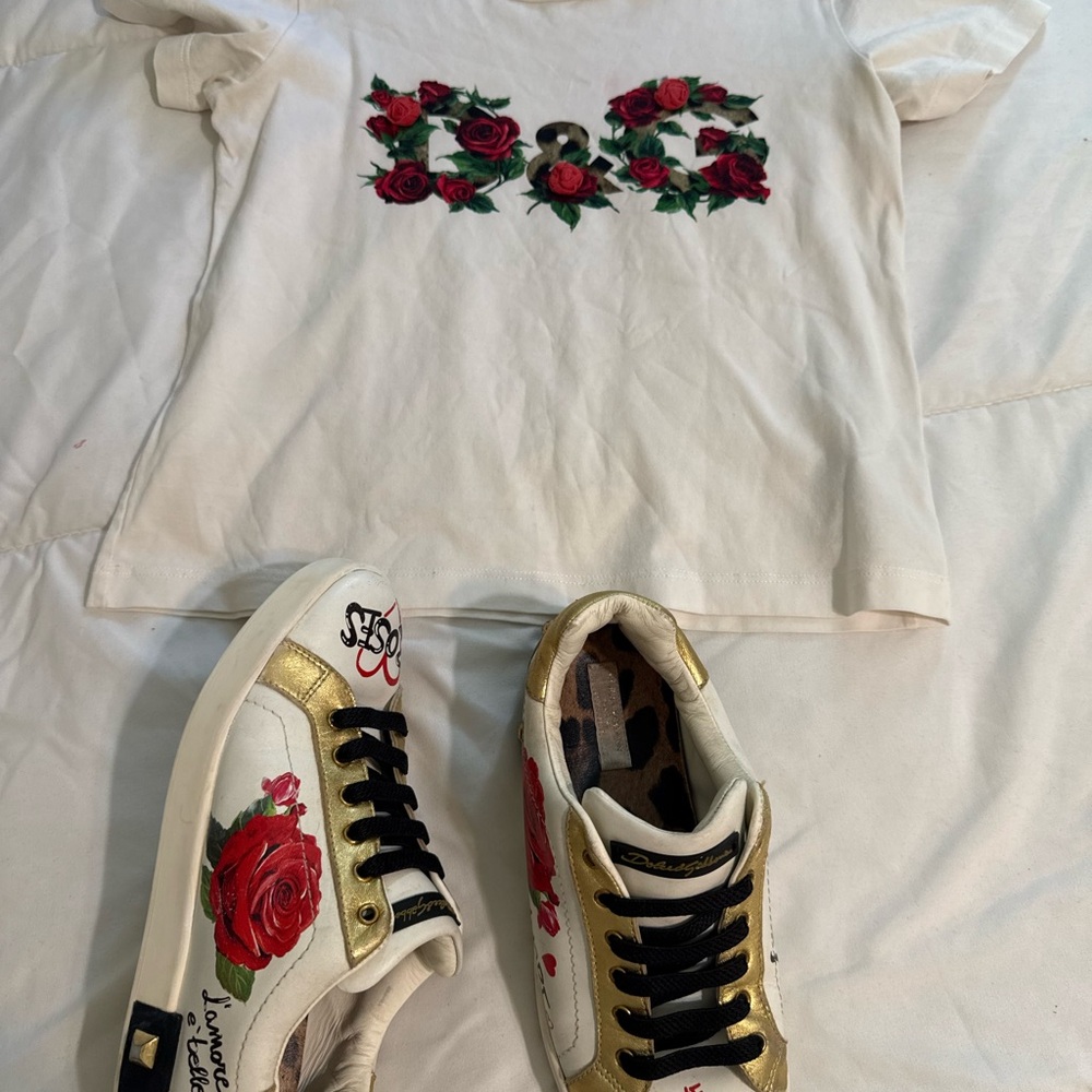 Dolce & Gabbana shirt and tennis shoes